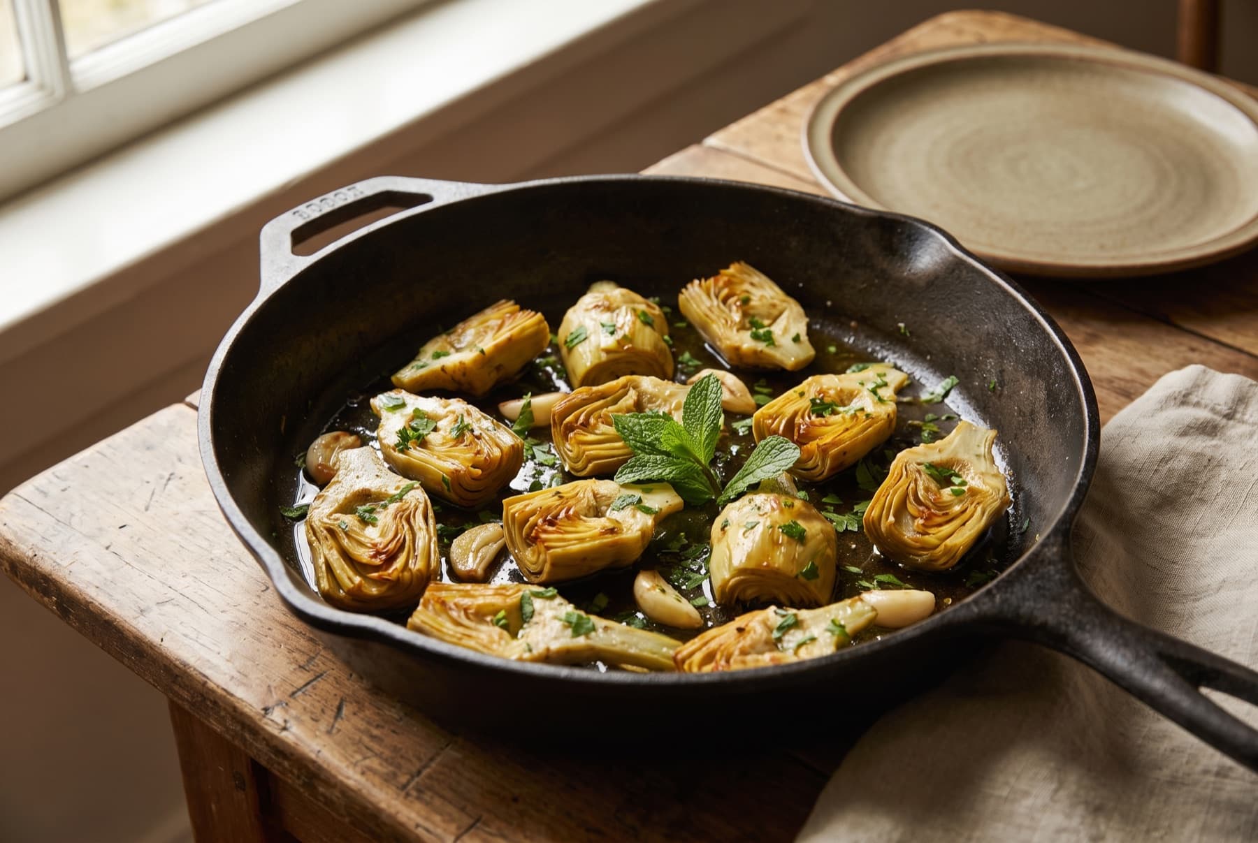 Golden braised artichoke hearts in a black skillet with garlic cloves, parsley and a sprig of mint, glossy with olive oil.